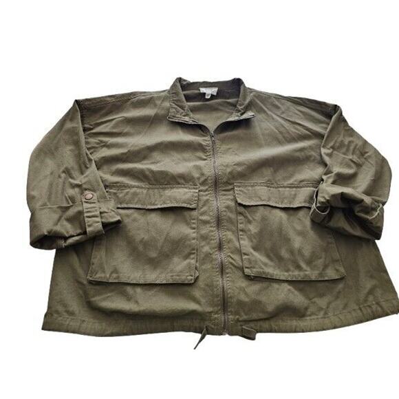 Perch by Blu Pepper Green Front Zip Cropped Jacket Sz 1X Plus Military - Picture 2 of 10